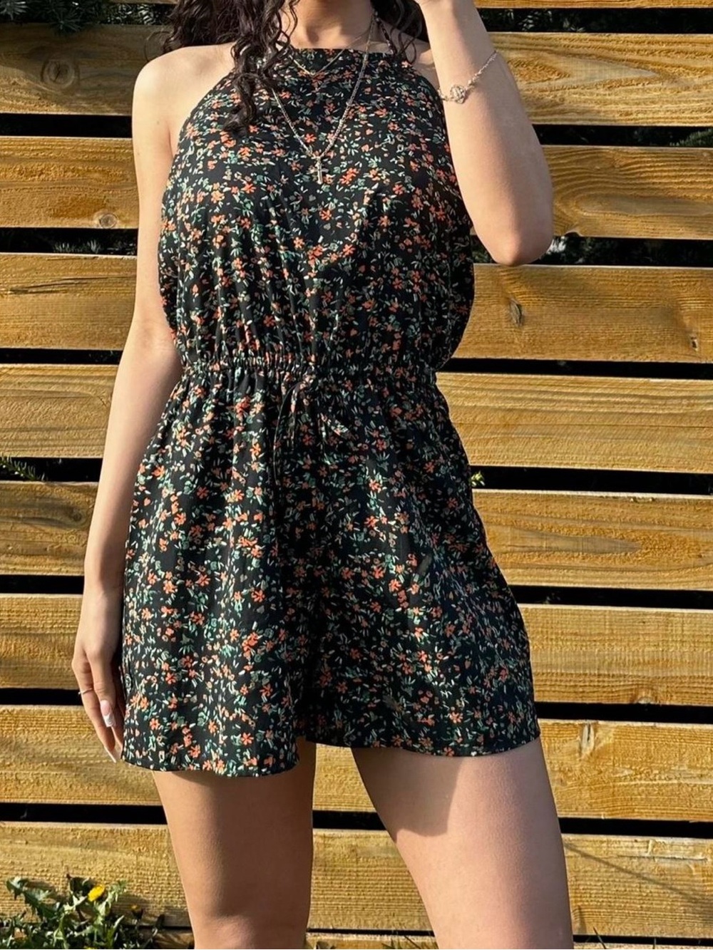 Arizona Jean Company Black Romper with Coral & Green Floral Print
